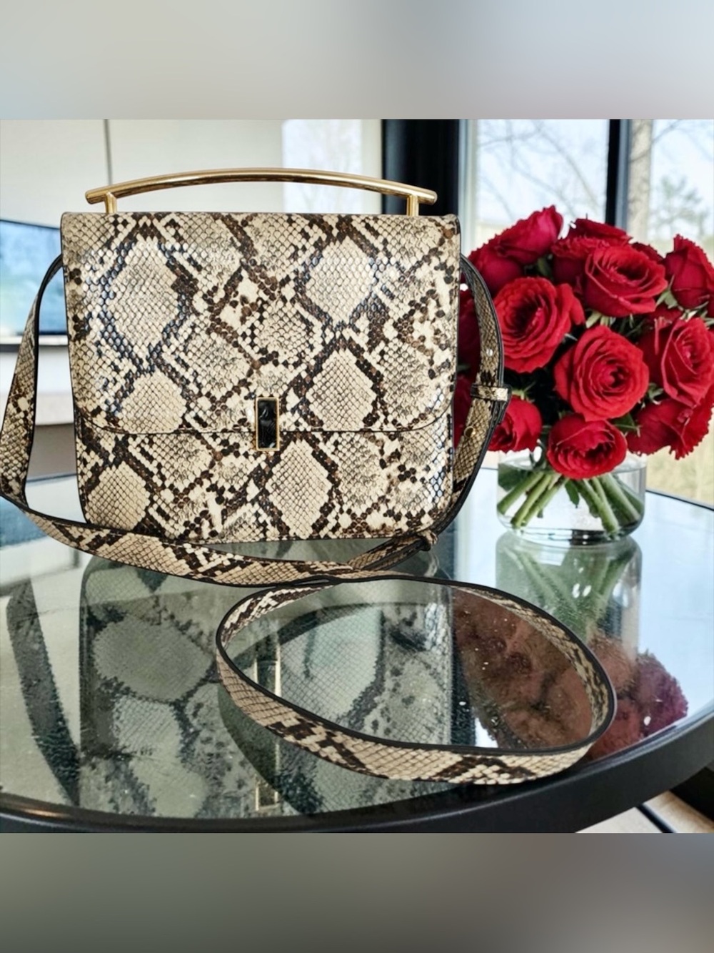 Structured Snakeskin Print Shoulder Bag with Gold Bar Handle